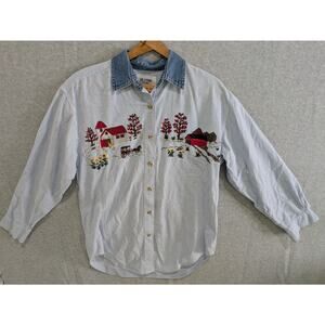 Solutions Original Shirt Women's Small Blue Button Down Top Farm Embroidered VTG